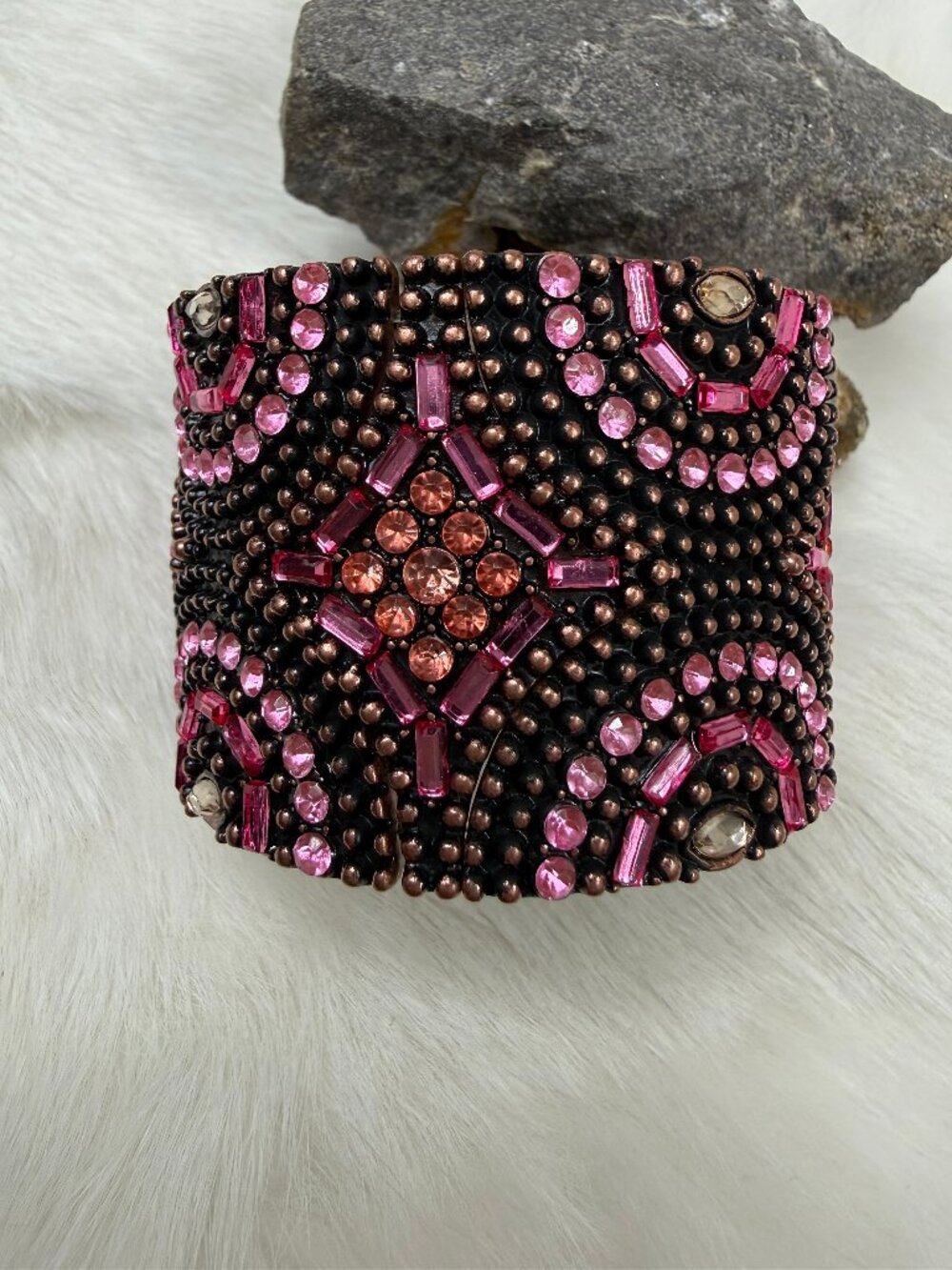 Bronze and Pink Rhinestone Elasticized Cuff Bracelet Stretch Wide